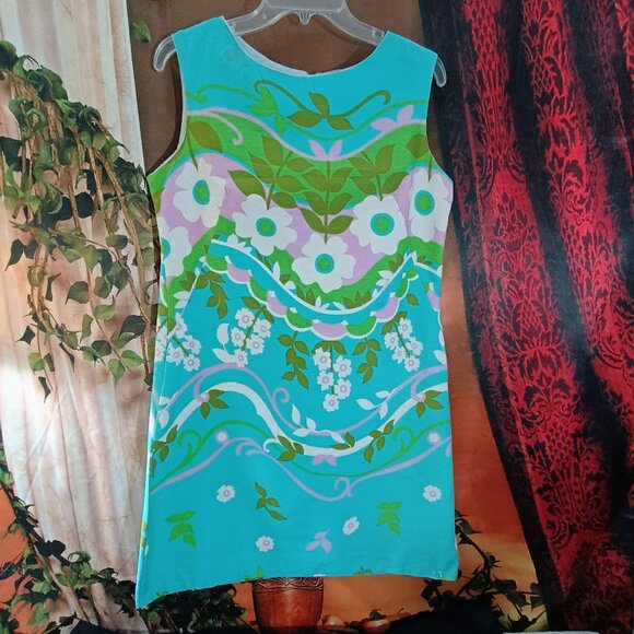 GUC: Vintage 60s Alex Colman Blue Mod Floral Shift Dress Size see desc - Picture 2 of 9